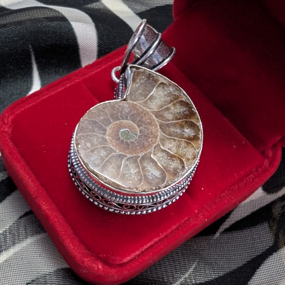 Vintage Artisan Sterling Silver Genuine Ammonite Fossil  Pendant
